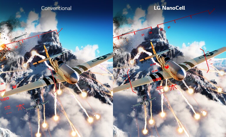 A scene from a shooting game shown half on a conventional TV with normal input lag and half on an LG NanoCell TV with low input lag.