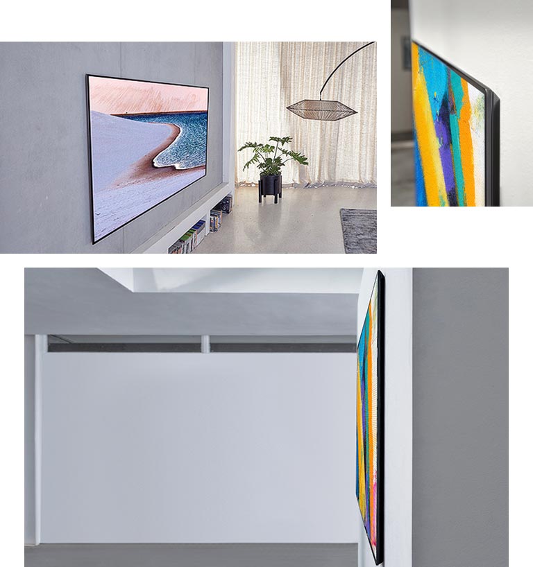 Side view of a wall-mounted Gallery Design TV showing artwork in the living room, A close-up side view of a wall-mounted Gallery Design TV showing artwork, Full side view of a Gallery Design TV that blends into the wall, showing artwork