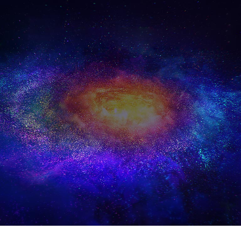 A cluster of colorful particles in the universe that represents self-lit pixels of LG OLED TV