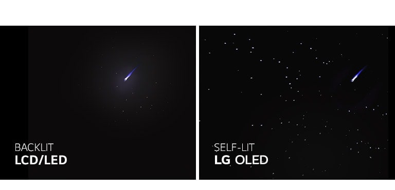 Side by side simulation of LED/LCD and LG OLED showing a star-filled night sky to compare perfect black reproducibility
