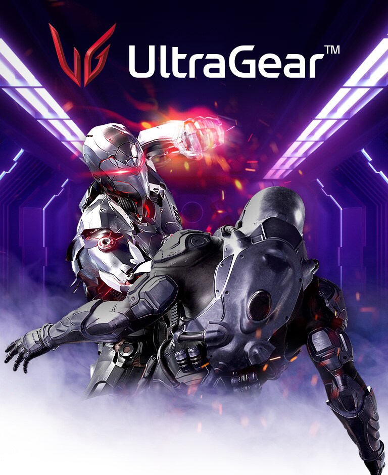 New ultragear emblem logo is on top of image. The main character overpowers the enemy.