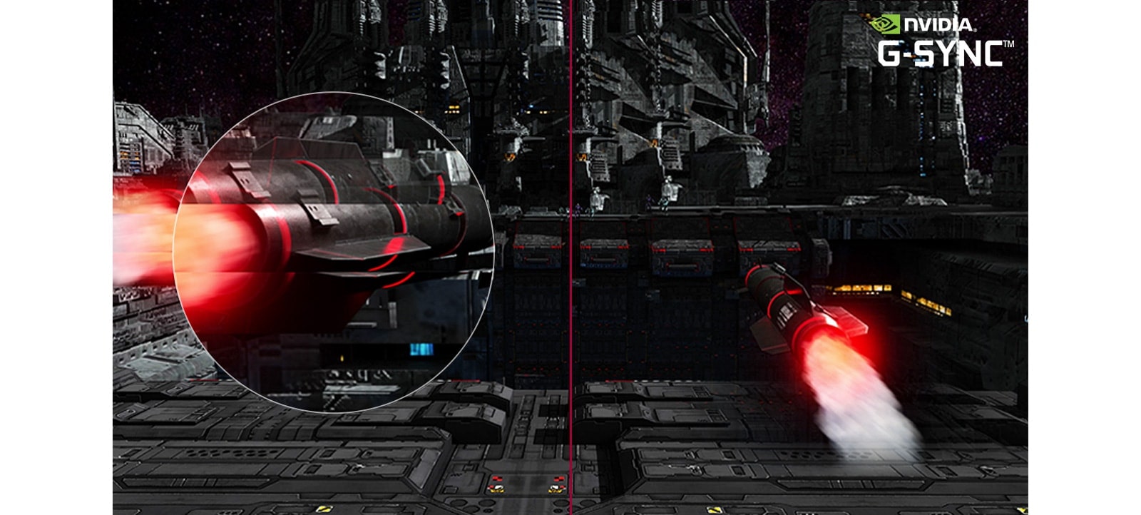 A spinning missile flies to the targets at great speed in a FPS game, and the fast spinning movement of the missile captured by zooming to the larger view goes smoothly with G-sync mode on in comparison to another scene with G-sync mode off. 