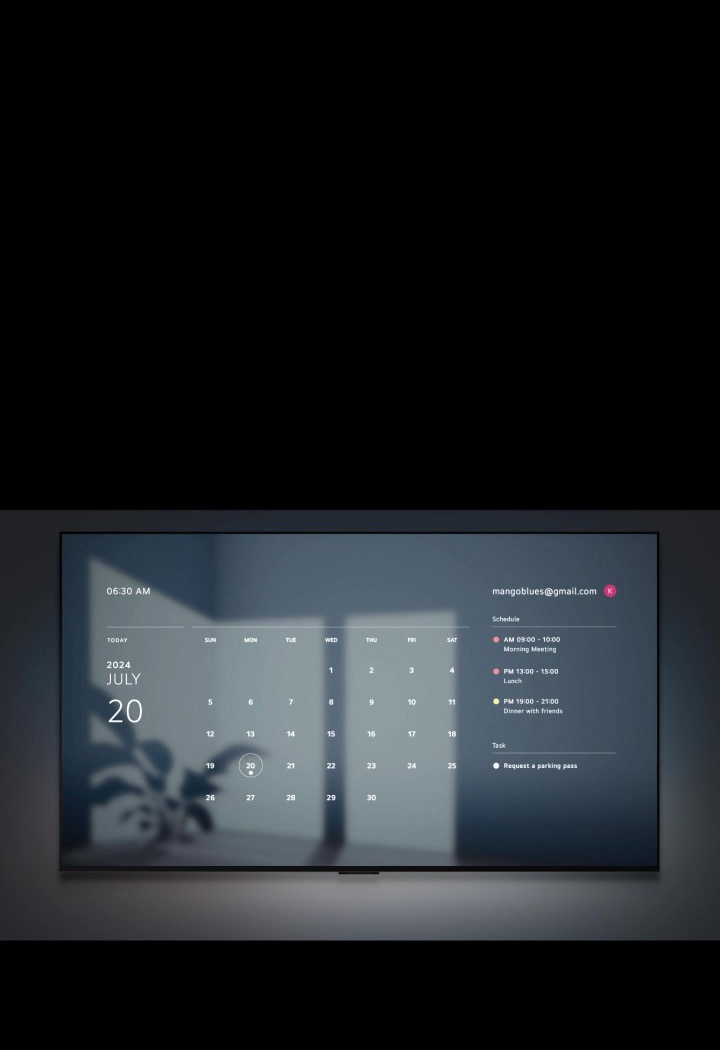 An LG TV displays an image of a sunrise with the time, date, weather, and temperature, and the text "Good morning." A speech bubble with the text "Hi LG" fades in and out, followed by a speech bubble with the text "Show me this week's schedule." The screen fades to a display showing a Google calendar and daily schedule.