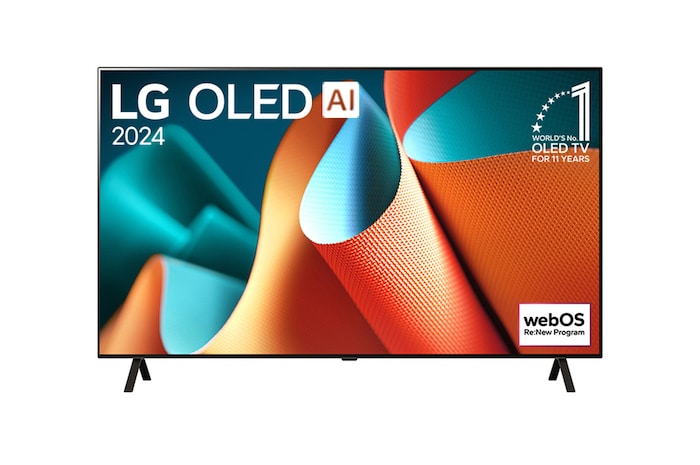 Front view with LG OLED TV, OLED AI B4E, 11 Years of world number 1 OLED Emblem and webOS Re:New Program logo on screen with 2-pole stand