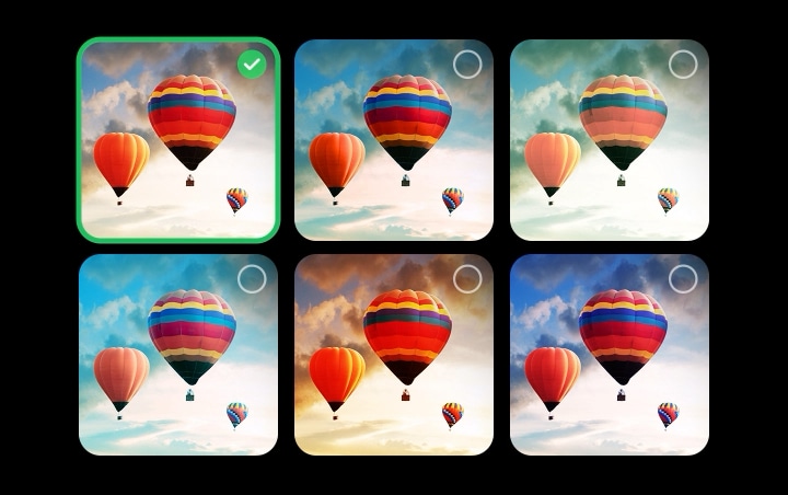 A gallery featuring 6 images of hot air balloons in the sky are shown. Two images are selected. Next, a gallery featuring 6 images of people blowing bubbles appears. 2 more are selected. A black screen appears with a pink and purple loading icon. A mystical landscape appears, and refinements appear gradually from left to right.