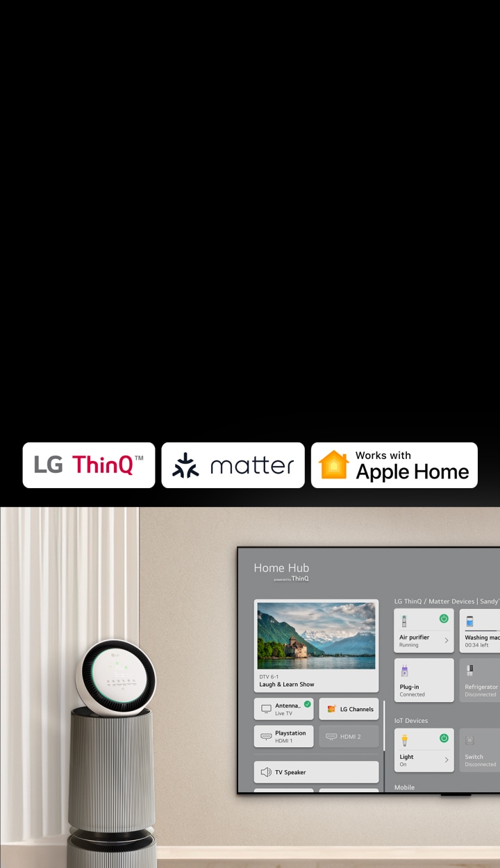 A logo of LG ThinQ™, matter, and Apple Home. An LG TV mounted on a wall and an LG PuriCare™ Objet Collection 360° on the left. The TV displays Home Hub and a cursor clicks "Air purifier" and the LG PuriCare™ Objet Collection 360° is activated.