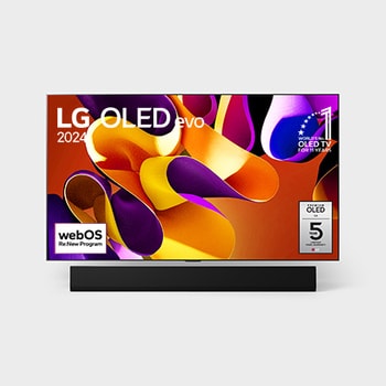 Front view with LG OLED evo TV, OLED G4, 11 Years of world number 1 OLED Emblem, and 5-Year Panel Warranty logo on screen, as well as the Soundbar below