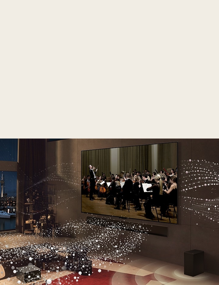 A concert plays on the LG OLED evo M4 and white circles emit from the TV and LG Soundbar around the room.