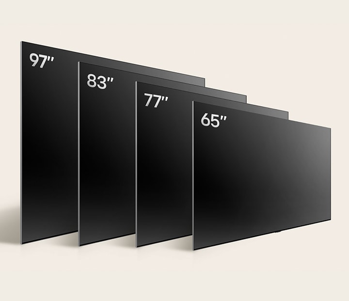 Comparing LG OLED TV, OLED evo M4's varying sizes, showing OLED evo M4 83 inch, OLED evo M4 77 inch, OLED evo M4 65 inch, and LG SIGNATURE OLED M4 97 inch.