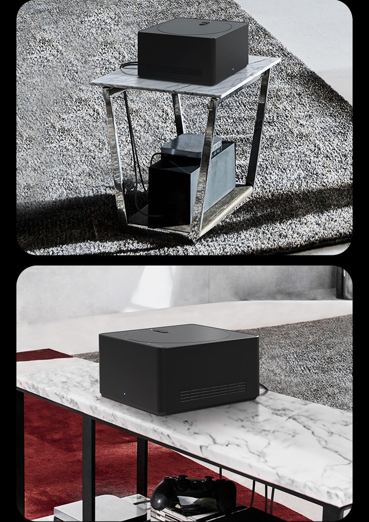 Three images show a Zero Connect Box. The first shows a cable being plugged into the Zero Connect Box. The second shows a Zero Connect Box on top of a small table with devices underneath. The third shows a Zero Connect Box on top of a large table with devices and consoles underneath.