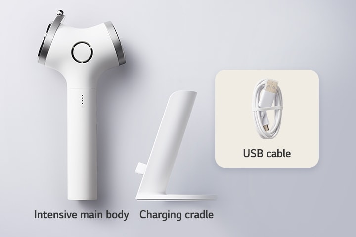 There is the main body of Intensive Multicare, charging cradle, and USB cable.
