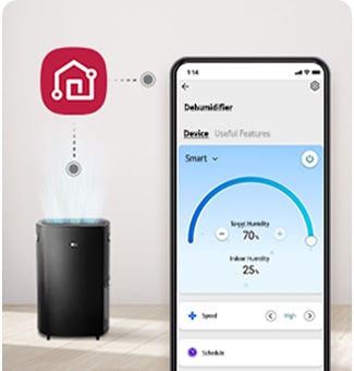 It shows a mobile screen and icons that introduce the functionality of the dehumidifier.
