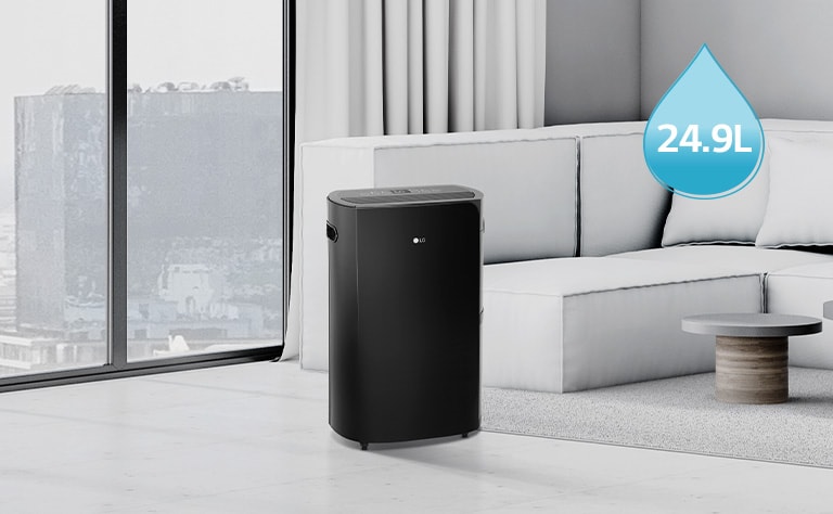 LG black dehumidifier in a modern living room with a white sofa, large window, and 24.9L capacity display.