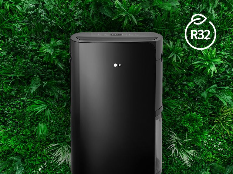 It shows he dehumidifier is equipped with R32 refrigerant, an environmentally sustainable refrigerant.