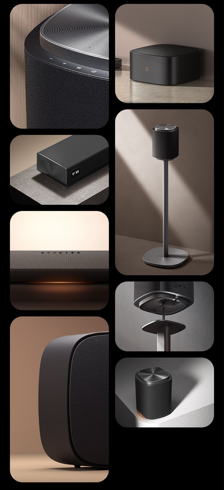 Close up of LG Sound Suite speaker with metallic silver and black premium design. LG wireless W7 woofer in matte black, turned at a slight angle for deeper, immersive sound Angled view of LG Sound Suite H7 placed on a tabletop, showcasing its sleek matte-black body and premium design. Full view of a floor-standing wireless speaker with a metal stand creating a Dolby Atmos home theater system Front view of a slim Dolby Atmos Sound Suite H7 for immersive home stereo audio system Side view of a Dolby Atmos subwoofer delivering deep bass for best home theater systems Bottom view of an LG wireless speaker highlighting the sturdy base and stand connection LG Sound Suite speaker on a tabletop, with a rounded dark body and a soft orange glow at the base.