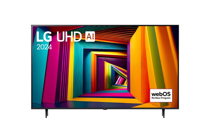 Front view of LG UHD TV, UT90 with text of LG UHD AI, 2024, and webOS Re:New Program logo on screen