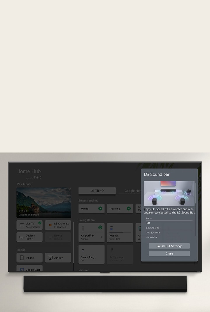 LG Soundbar is below an LG OLED TV. On the TV screen is the UI for the soundbar and TV volume controls.