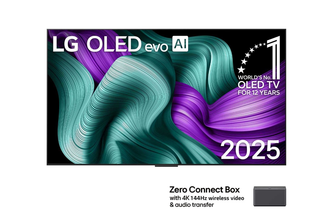 Front view of LG OLED M5 TV. 12 Years of world number 1 OLED emblem and LG OLED evo AI 2025 logo are on the screen. Zero Connect Box in the corner with the title, Zero Connect Box with 4K 144Hz wireless video & audio transfer