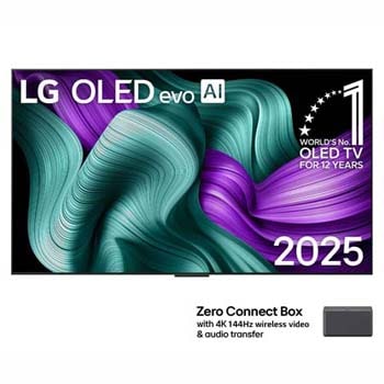 Front view of LG OLED M5 TV. 12 Years of world number 1 OLED emblem and LG OLED evo AI 2025 logo are on the screen. Zero Connect Box in the corner with the title, Zero Connect Box with 4K 144Hz wireless video & audio transfer