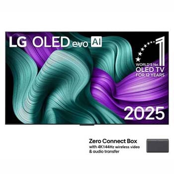 Front view of LG OLED M5 TV. 12 Years of world number 1 OLED emblem and LG OLED evo AI 2025 logo are on the screen. Zero Connect Box in the corner with the title, Zero Connect Box with 4K 144Hz wireless video & audio transfer