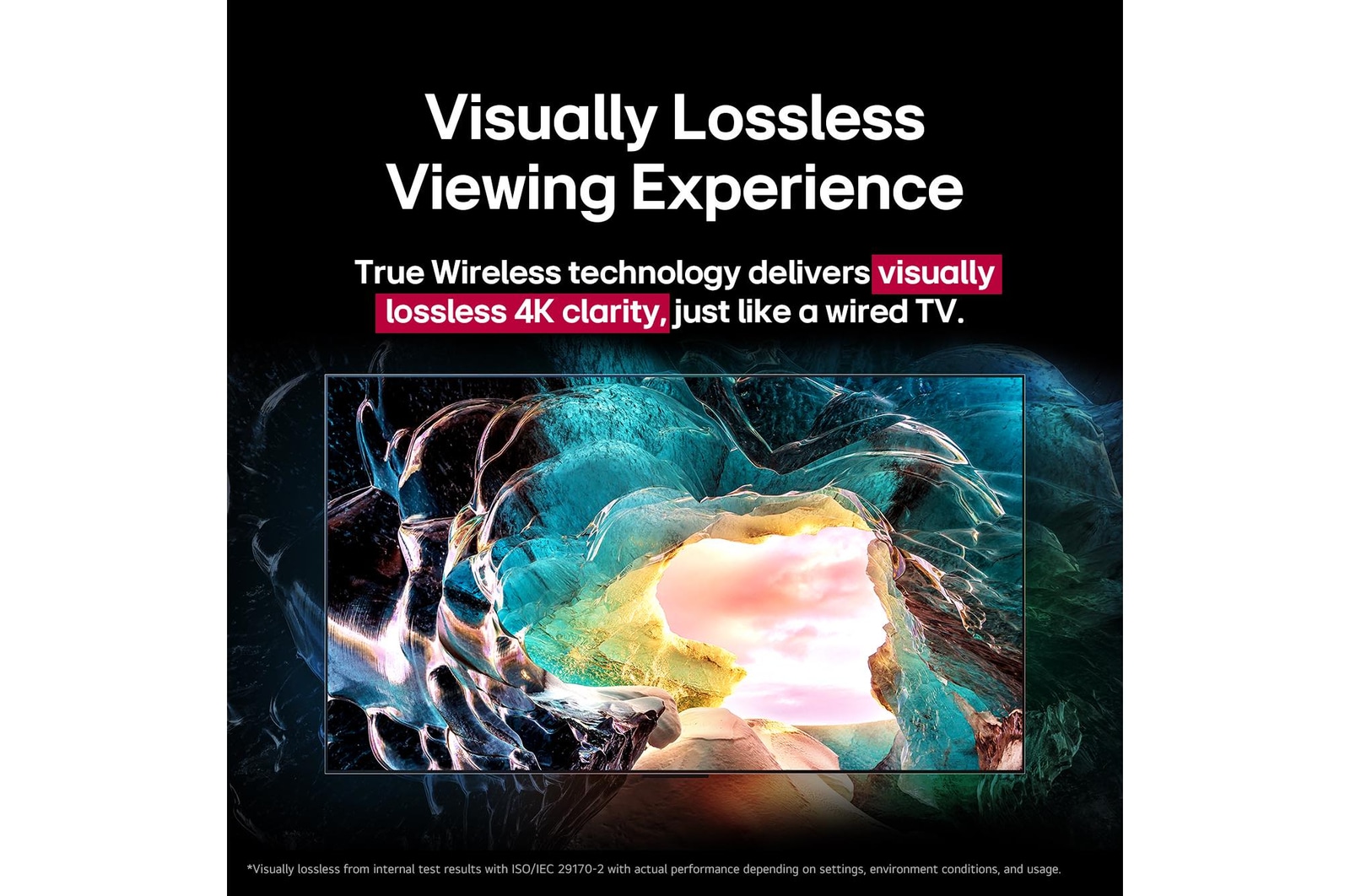 LG OLED M5 TV screen showing a cave interior looking out to the sky. Text talks about how detail is impressive showing visually lossless 4K quality. 