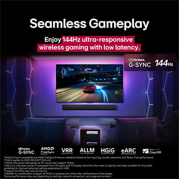 LG OLED M5 TV with a game being played on its screen showcasing the smooth and seamless gameplay. Zero Connect Box is seen, but blends well with the space. Gaming certifications are visible. Text talks about 120Hz ultra-responsive wireless gaming with low latency.