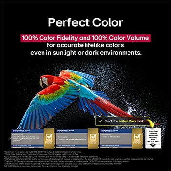 Colorful parrot in ultra-high definition against a black background. Water drops are suspended in the air all around it. The image showcases Perfect Color as each different hue on the parrot's body is vibrant and vivid. Different logo certifications from UL and Intertek are visible. These refer to 100% Color Fidelity and 100% Color Volume. Text is also visible, check the Perfect Color certification mark.