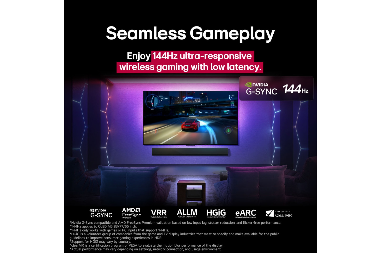 LG OLED M5 TV with a game being played on its screen showcasing the smooth and seamless gameplay. Zero Connect Box is seen, but blends well with the space. Gaming certifications are visible. Text talks about 120Hz ultra-responsive wireless gaming with low latency.