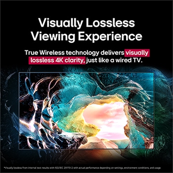 LG OLED M5 TV screen showing a cave interior looking out to the sky. Text talks about how detail is impressive showing visually lossless 4K quality. 