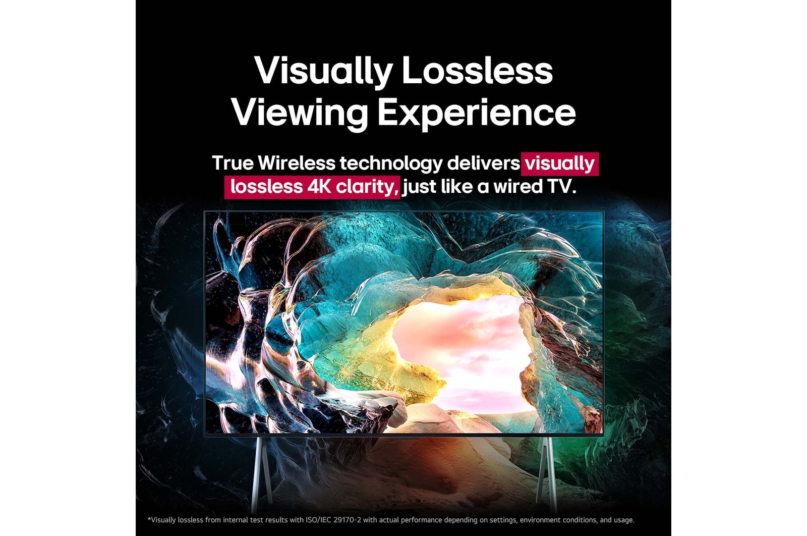 LG OLED M5 TV screen showing a cave interior looking out to the sky. Text talks about how detail is impressive showing visually lossless 4K quality. 