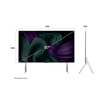 Front view and side view of LG OLED M5 Signature TV showing its length, width, height, and depth dimensions.