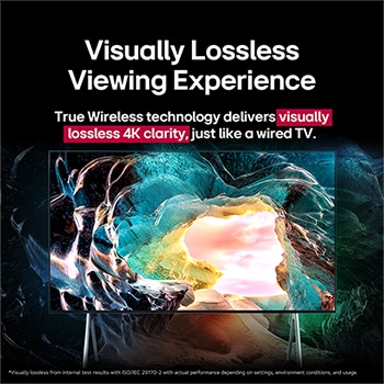 LG OLED M5 TV screen showing a cave interior looking out to the sky. Text talks about how detail is impressive showing visually lossless 4K quality. 