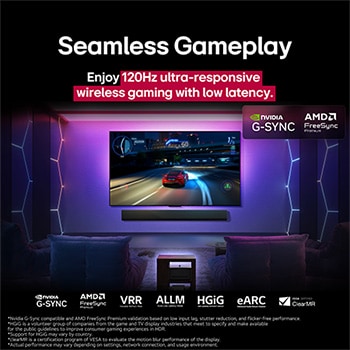 LG OLED M5 TV with a game being played on its screen showcasing the smooth and seamless gameplay. Zero Connect Box is seen, but blends well with the space. Gaming certifications are visible. Text talks about 120Hz ultra-responsive wireless gaming with low latency.