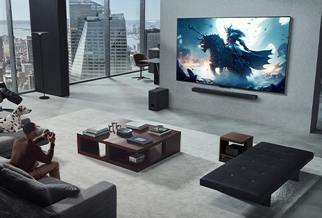 Living room with a person playing a video game on his wall-mounted LG True Wireless TV and LG Soundbar. He holds a controller in his hand, but the gaming console is not immediately visible. There are also no visible wires. The Zero Connect Box is tucked away, barely seen under a side table. 	