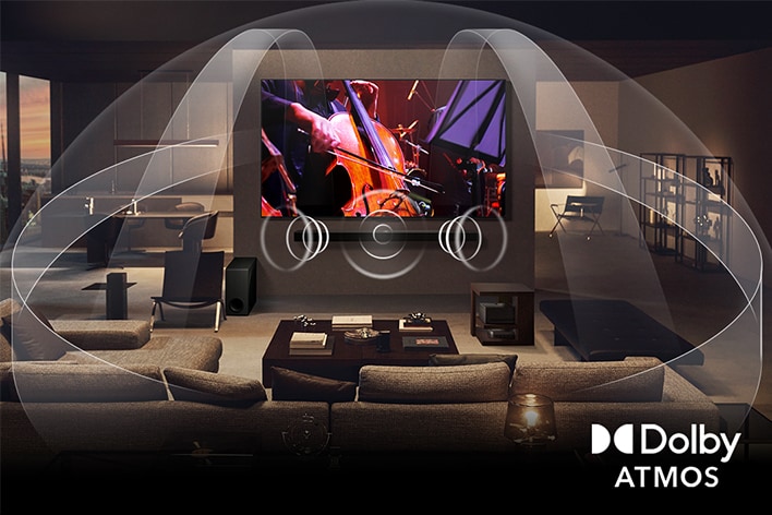 Dimly lit, cozy living room with a couple watching a movie on their LG OLED TV with LG Soundbar. Graphics show how Dolby Atmos fills the whole space with surround sound from all directions. Dolby Atmos logo is at the bottom corner.