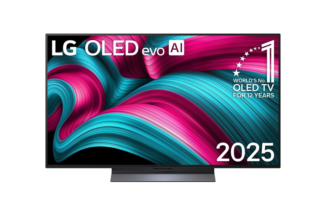 Front view of LG OLED evo AI C5 4K Smart TV. 12 Years of world number 1 OLED emblem and LG OLED evo AI 2025 logo are on the screen.