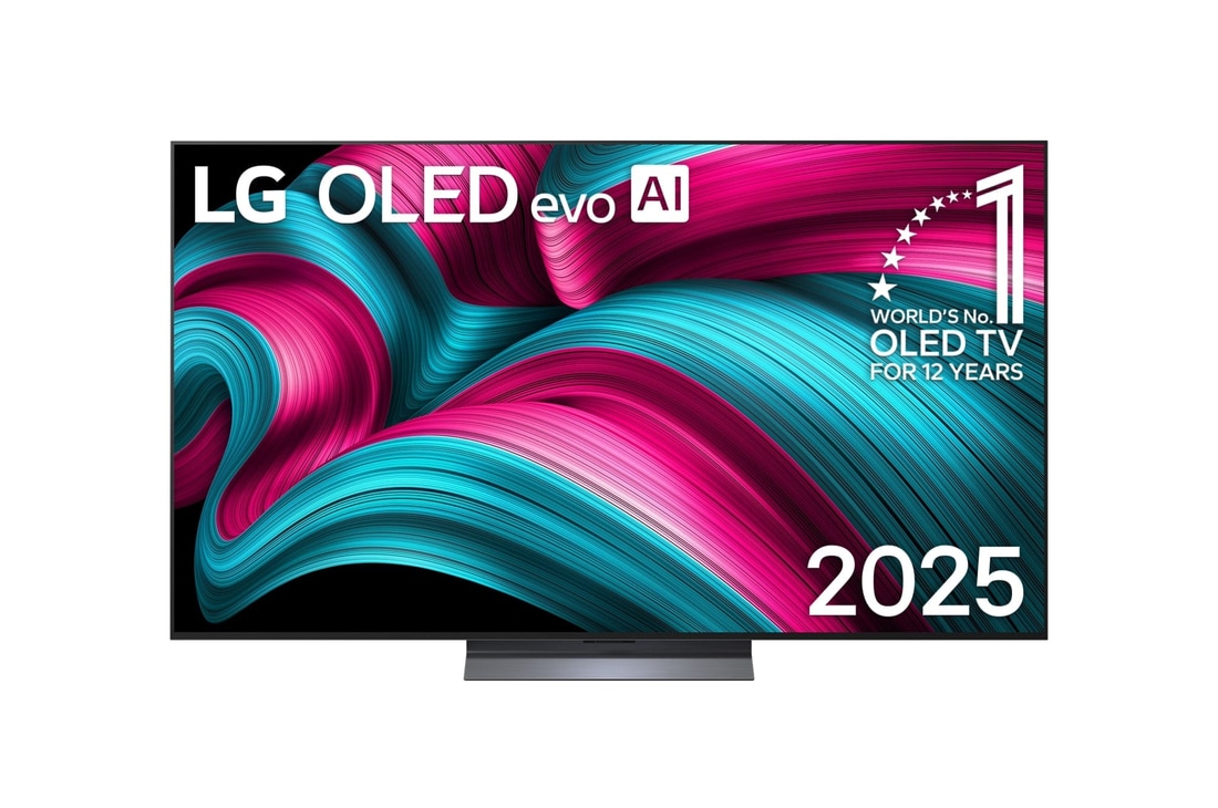 Front view of LG OLED evo AI C5 4K Smart TV. 12 Years of world number 1 OLED emblem and LG OLED evo AI 2025 logo are on the screen.
