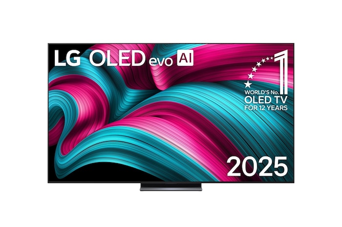 Front view of LG OLED evo AI C5 4K Smart TV. 12 Years of world number 1 OLED emblem and LG OLED evo AI 2025 logo are on the screen.