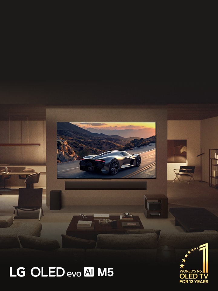 Classy living room with the LG OLED evo M5 TV mounted on the wall. LG Soundbar beneath it. Zero Connect Box tucked away under a side table. No wires are visible at all showcasing the True Wireless technology of the TV. World's number one OLED TV for 12 years emblem and LG OLED evo AI M5 logo are visible.
