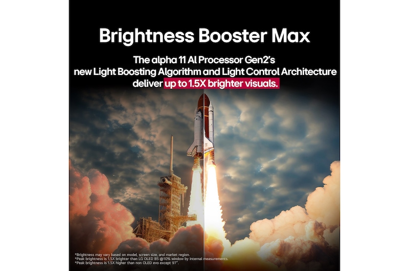 A space shuttle launching from the ground. The scene is split in the middle with one half slightly darker and duller. The other half shows how the rocket blast is remarkably bright, demonstrating how bright visuals can be on an LG OLED TV screen with the light emitting structure and lighting control architecture of Brightness Booster Max.