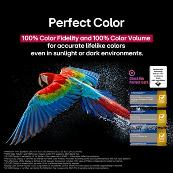 Colorful parrot in ultra-high definition against a black background. Water drops are suspended in the air all around it. The image showcases Perfect Color as each different hue on the parrot's body is vibrant and vivid. The dark background with the detailed water splashes also highlights how the screen is reflection-free. Different logo certifications from UL and Intertek are visible. These refer to its 100% Color Fidelity, 100% Color Volume, and reflection-free claim. Text is also visible, check the Perfect Color certification mark.
