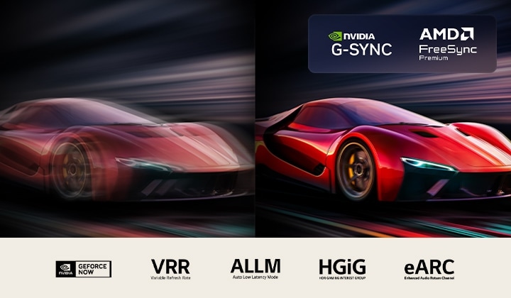 Two images of a car in a video game side-by-side. One shows a lot of motion blur. The other is sharp and in-focus showing the high frame rate of LG OLED TV. Nvidia G-Sync logo and other relevant certifications are visible. 