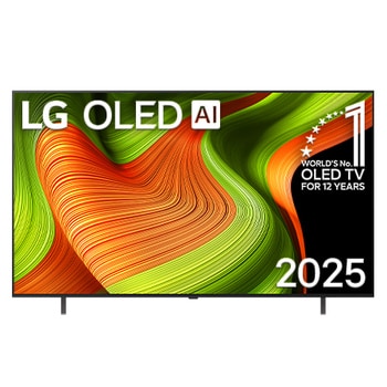 Front view of LG OLED AI B5 4K Smart TV. 12 Years of world number 1 OLED emblem and LG OLED AI 2025 logo are on the screen.