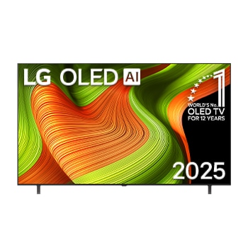 Front view of LG OLED AI B5 4K Smart TV. 12 Years of world number 1 OLED emblem and LG OLED AI 2025 logo are on the screen.