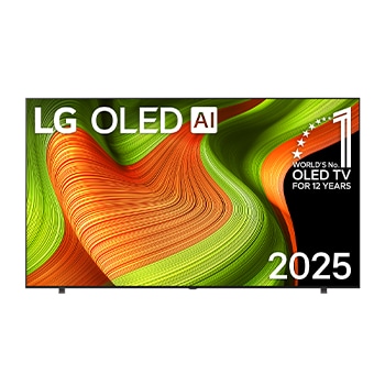 Front view of LG OLED AI B5 4K Smart TV. 12 Years of world number 1 OLED emblem and LG OLED AI 2025 logo are on the screen.