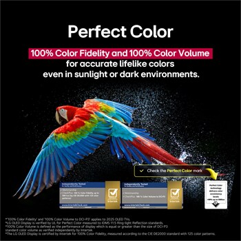Colorful parrot in ultra-high definition against a black background. Water drops are suspended in the air all around it. The image showcases Perfect Color as each different hue on the parrot's body is vibrant and vivid. Different logo certifications from UL and Intertek are visible. These refer to 100% Color Fidelity and 100% Color Volume. Text is also visible, check the Perfect Color certification mark.