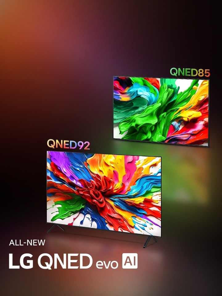 LG QNED92 and LG QNED85 TVs are side by side. Colorful artwork that highlights the new vivid and vibrant color reproduction technology of LG QNED are on their screens. ALL NEW LG QNED evo AI logo is also present.
