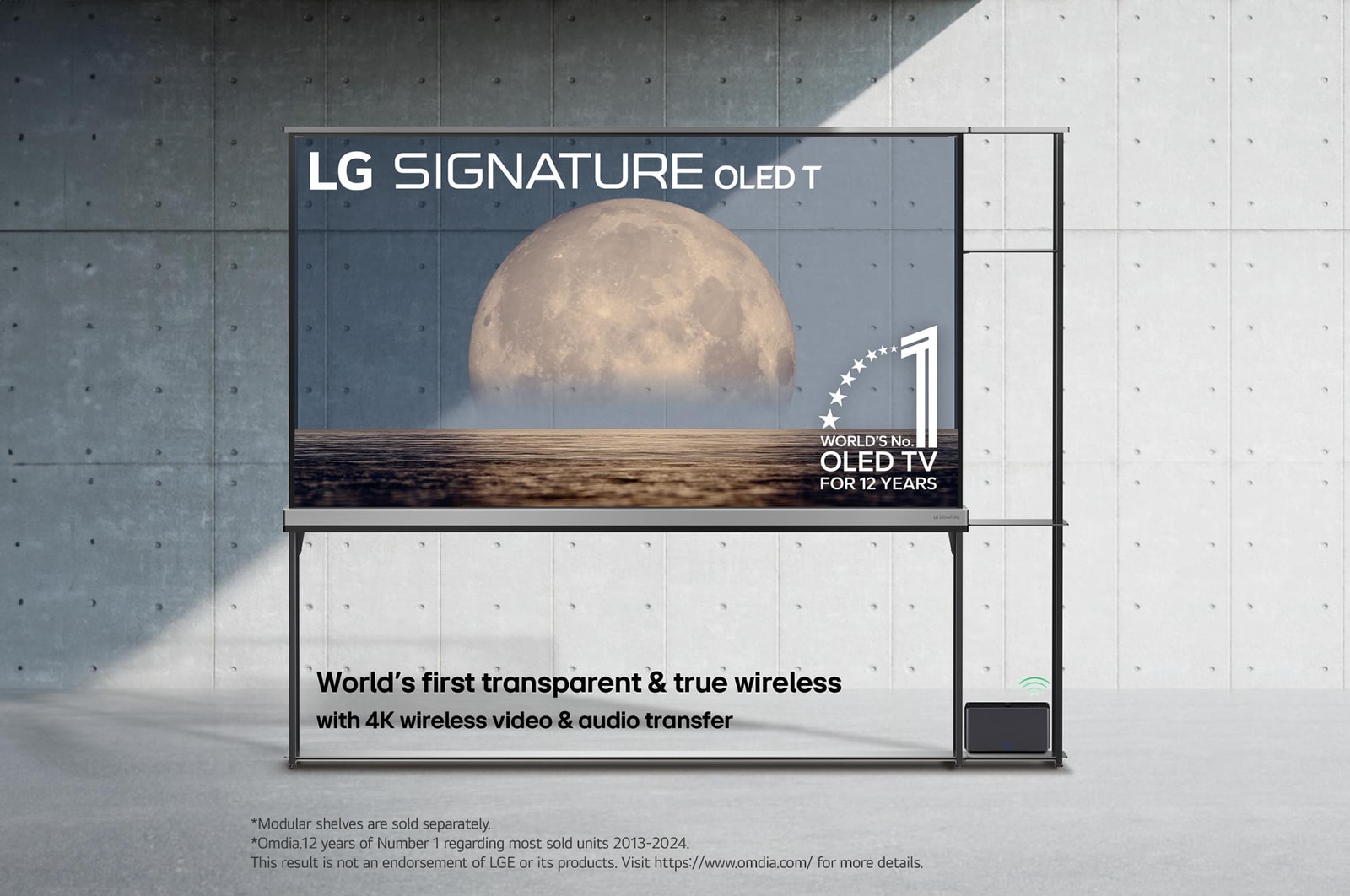 Front view of LG SIGNATURE OLED T, 12 years of world number 1 OLED Emblem, LG SIGNATURE OLED T logo, both embedded above the background depicting a moon above shore on a transparent screen. Zero Connect Box with 4K 120Hz wireless video & audio transfer connected to the TV sitting on an attached modular shelving unit, and a Wi-Fi signal coming out of the box.