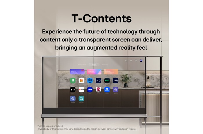 LG SIGNATURE OLED T with the LG webOS home screen. Because the TV is in transparent mode, the UI looks like it's floating, blending with reality. The title reads, T-Contents, designed for transparent screens, made to blend with reality.