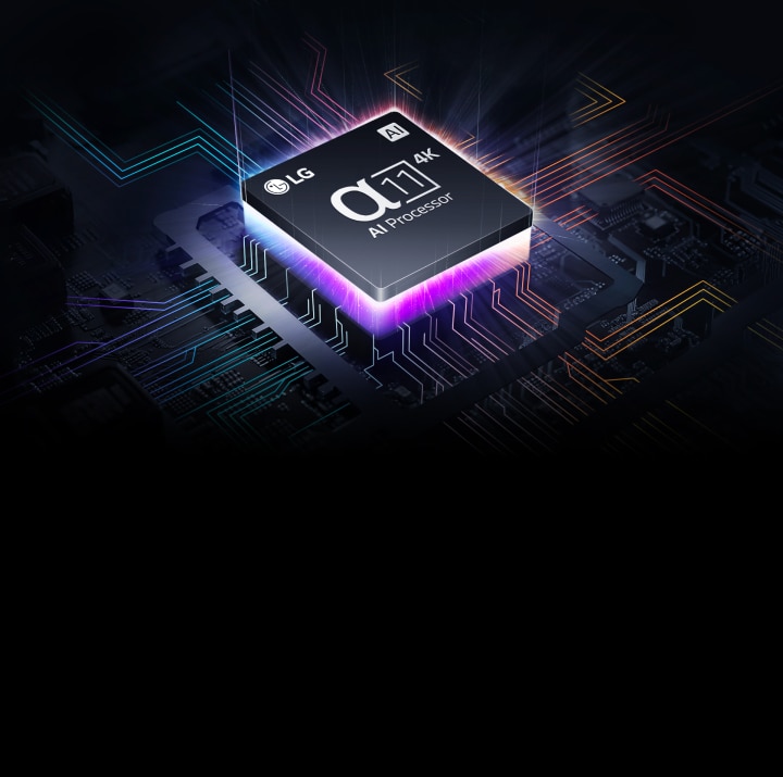 LG’s alpha 11 AI Processor 4K lights up in blue, purple gradient amidst colorful bolts shooting out from it. More bolts appear across the motherboard, stretching further.	